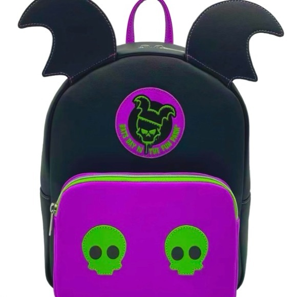 Bats Day Mini Backpack – Black & Purple with Green Accents